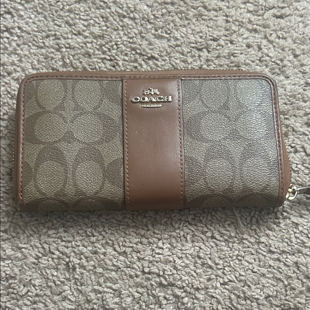 Coach Signature Brown and Tan Zip Wallet